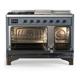 ILVE Majestic III 48-inch Dual Fuel Range with 5 Natural Gas Burner, Griddle, French Top and Triple Glass Door Electric Oven in Blue Grey with Burnished Trim (UM48FSNR3BGB)
