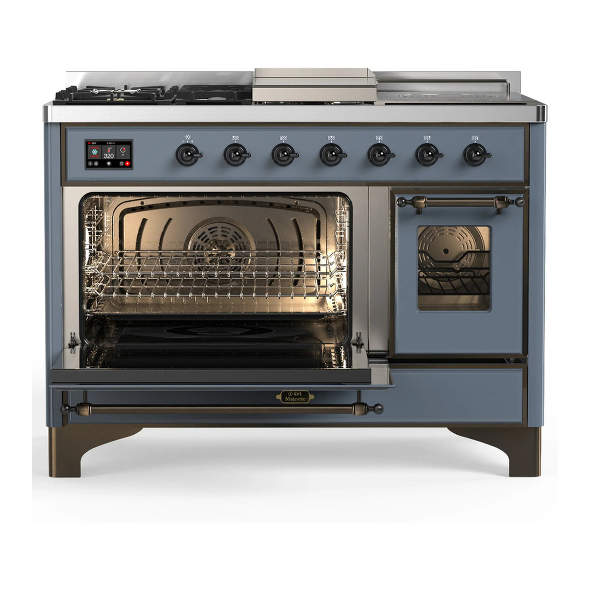 ILVE Majestic III 48-inch Dual Fuel Range with 5 Natural Gas Burner, Griddle, French Top and Triple Glass Door Electric Oven in Blue Grey with Burnished Trim (UM48FSNR3BGB)