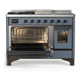 ILVE Majestic III 48-inch Dual Fuel Range with 5 Natural Gas Burner, Griddle, French Top and Triple Glass Door Electric Oven in Blue Grey with Burnished Trim (UM48FSNR3BGB)