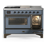 ILVE Majestic III 48-inch Dual Fuel Range with 5 Natural Gas Burner, Griddle, French Top and Triple Glass Door Electric Oven in Blue Grey with Burnished Trim (UM48FSNR3BGB)