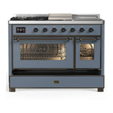 ILVE Majestic III 48-inch Dual Fuel Range with 5 Natural Gas Burner, Griddle, French Top and Triple Glass Door Electric Oven in Blue Grey with Burnished Trim (UM48FSNR3BGB)