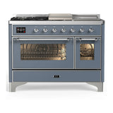 ILVE Majestic III 48-inch Dual Fuel Range with 5 Liquid Propane Burner, Griddle, French Top and Triple Glass Door Electric Oven in Blue Grey with Chrome Trim (UM48FSNR3BGCLP)