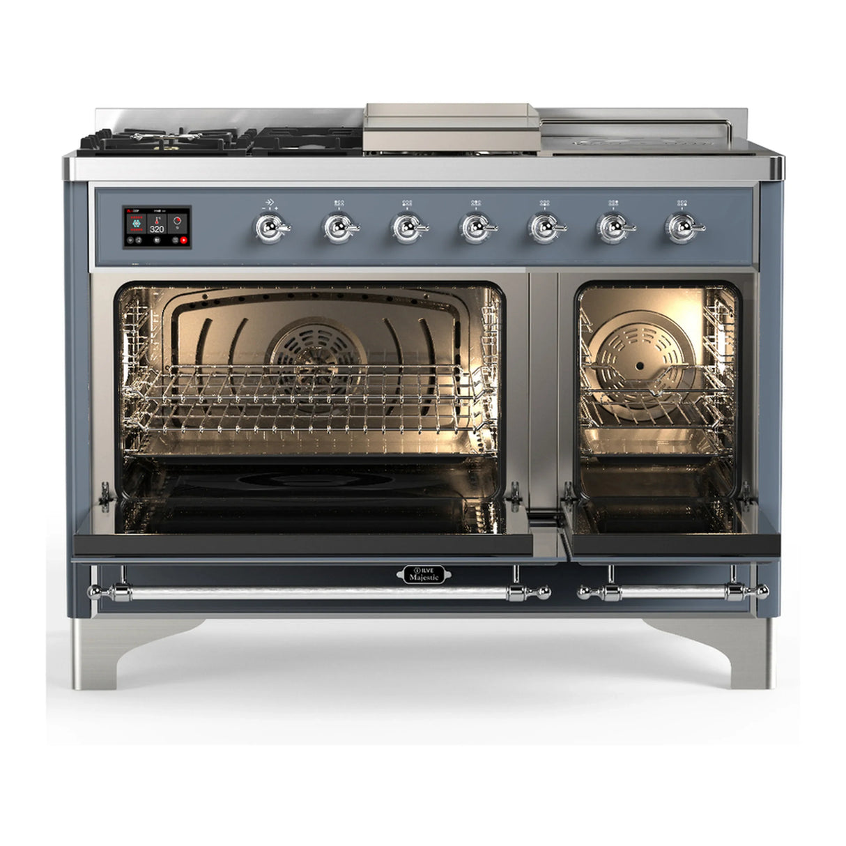 ILVE Majestic III 48-inch Dual Fuel Range with 5 Natural Gas Burner, Griddle, French Top and Triple Glass Door Electric Oven in Blue Grey with Chrome Trim (UM48FSNR3BGC)
