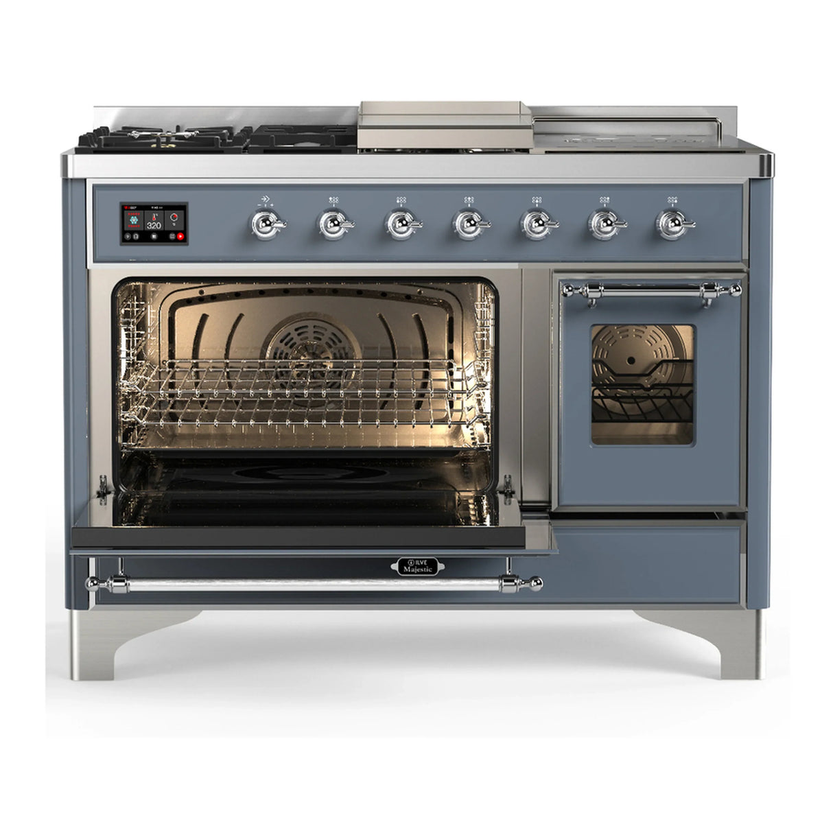 ILVE Majestic III 48-inch Dual Fuel Range with 5 Natural Gas Burner, Griddle, French Top and Triple Glass Door Electric Oven in Blue Grey with Chrome Trim (UM48FSNR3BGC)