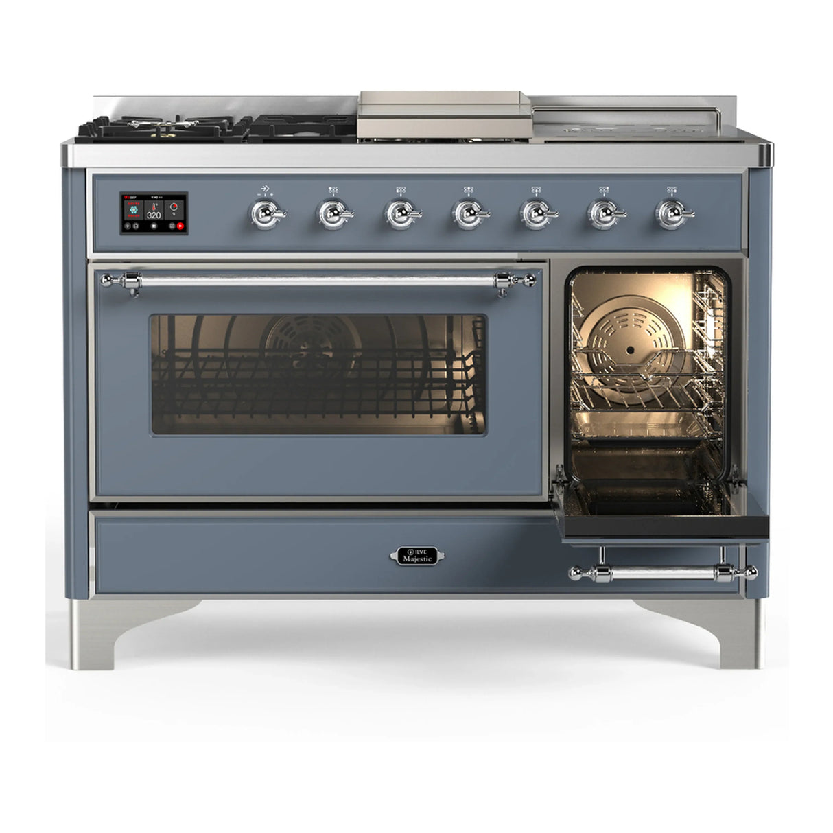 ILVE Majestic III 48-inch Dual Fuel Range with 5 Natural Gas Burner, Griddle, French Top and Triple Glass Door Electric Oven in Blue Grey with Chrome Trim (UM48FSNR3BGC)