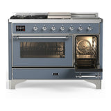 ILVE Majestic III 48-inch Dual Fuel Range with 5 Natural Gas Burner, Griddle, French Top and Triple Glass Door Electric Oven in Blue Grey with Chrome Trim (UM48FSNR3BGC)