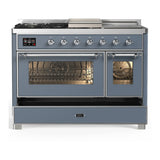 ILVE Majestic III 48-inch Dual Fuel Range with 5 Liquid Propane Burner, Griddle, French Top and Triple Glass Door Electric Oven in Blue Grey with Chrome Trim (UM48FSNR3BGCLP)