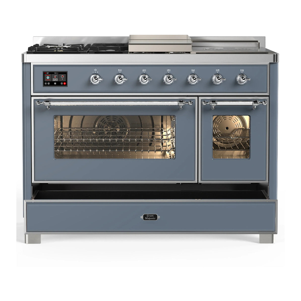 ILVE Majestic III 48-inch Dual Fuel Range with 5 Natural Gas Burner, Griddle, French Top and Triple Glass Door Electric Oven in Blue Grey with Chrome Trim (UM48FSNR3BGC)