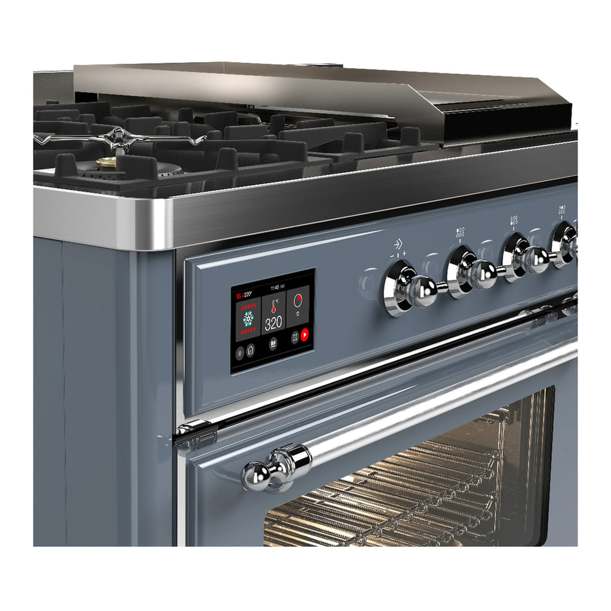 ILVE Majestic III 48-inch Dual Fuel Range with 5 Natural Gas Burner, Griddle, French Top and Triple Glass Door Electric Oven in Blue Grey with Chrome Trim (UM48FSNR3BGC)