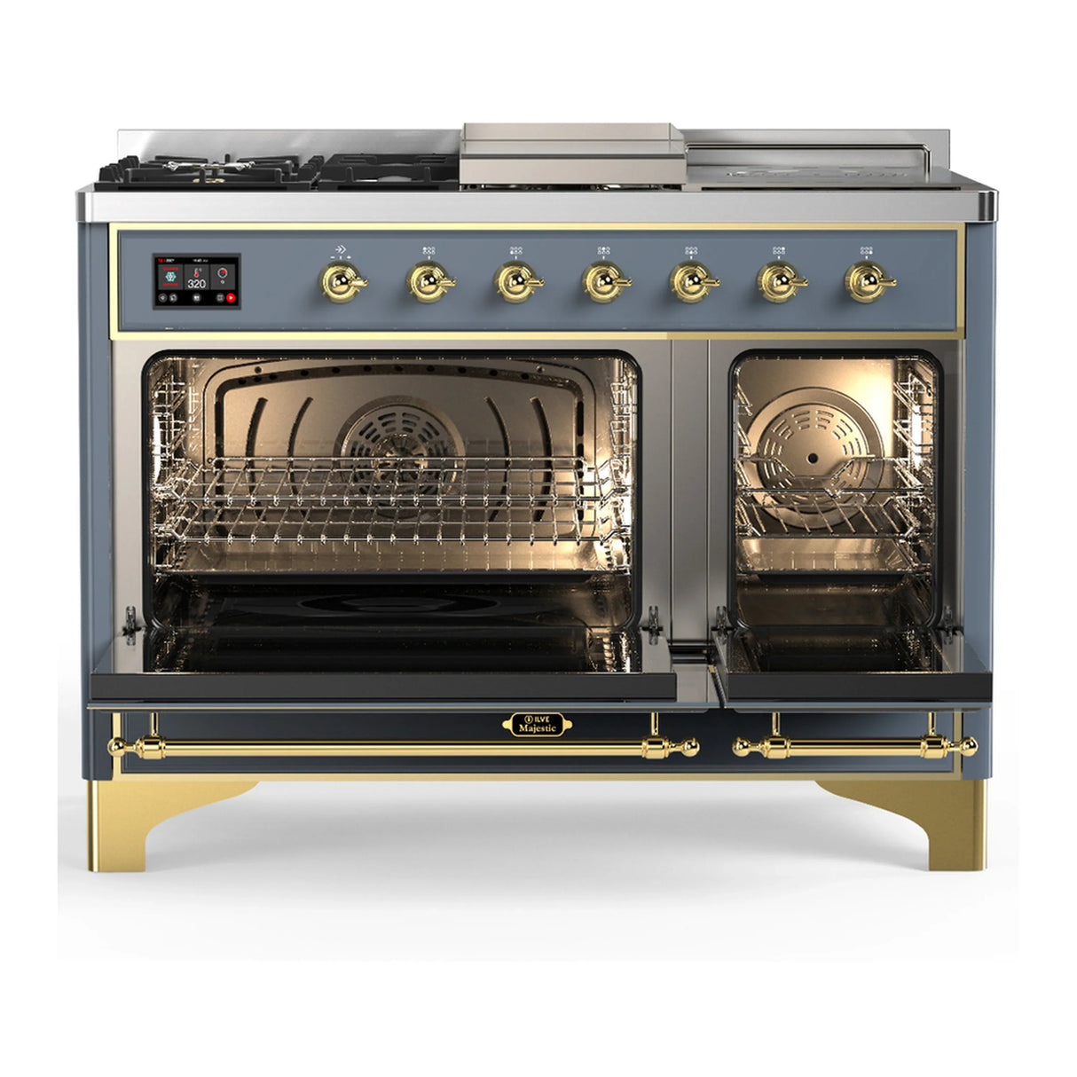ILVE Majestic III 48-inch Dual Fuel Range with 5 Liquid Propane Burner, Griddle, French Top and Triple Glass Door Electric Oven in Blue Grey with Brass Trim (UM48FSNR3BGGLP)