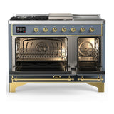 ILVE Majestic III 48-inch Dual Fuel Range with 5 Liquid Propane Burner, Griddle, French Top and Triple Glass Door Electric Oven in Blue Grey with Brass Trim (UM48FSNR3BGGLP)