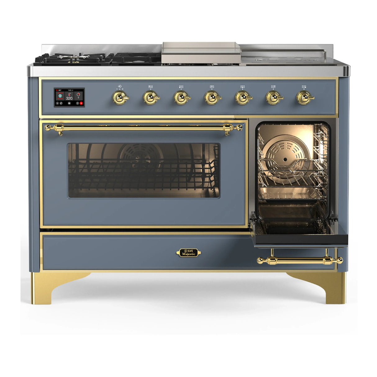 ILVE Majestic III 48-inch Dual Fuel Range with 5 Liquid Propane Burner, Griddle, French Top and Triple Glass Door Electric Oven in Blue Grey with Brass Trim (UM48FSNR3BGGLP)