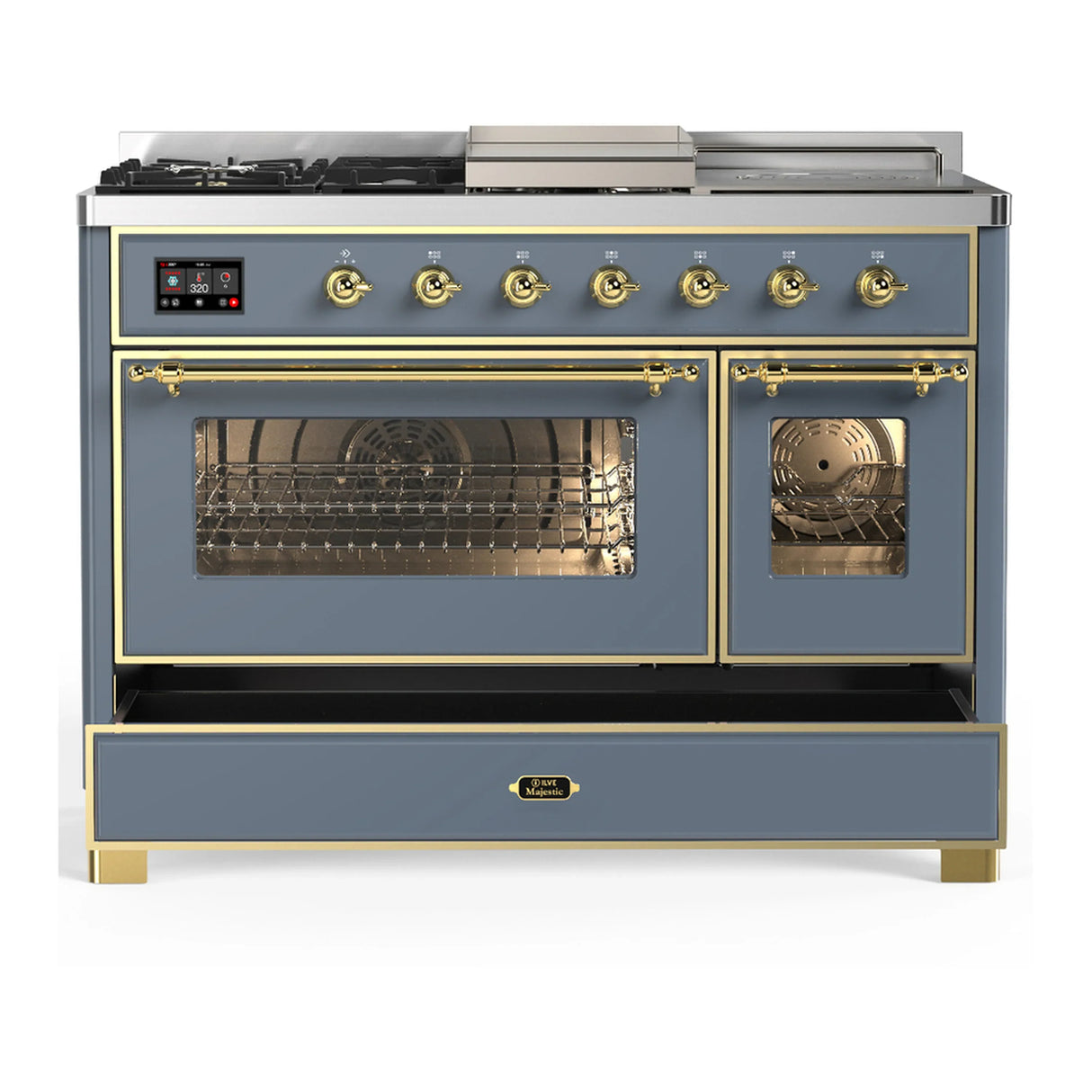 ILVE Majestic III 48-inch Dual Fuel Range with 5 Liquid Propane Burner, Griddle, French Top and Triple Glass Door Electric Oven in Blue Grey with Brass Trim (UM48FSNR3BGGLP)