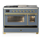 ILVE Majestic III 48-inch Dual Fuel Range with 5 Liquid Propane Burner, Griddle, French Top and Triple Glass Door Electric Oven in Blue Grey with Brass Trim (UM48FSNR3BGGLP)