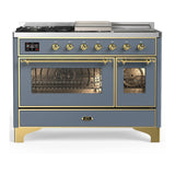 ILVE Majestic III 48-inch Dual Fuel Range with 5 Liquid Propane Burner, Griddle, French Top and Triple Glass Door Electric Oven in Blue Grey with Brass Trim (UM48FSNR3BGGLP)