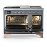 ILVE Majestic III 48-inch Dual Fuel Range with 5 Natural Gas Burner, Griddle, French Top and Triple Glass Door Electric Oven in Blue Grey with Copper Trim (UM48FSNR3BGP)