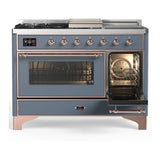 ILVE Majestic III 48-inch Dual Fuel Range with 5 Natural Gas Burner, Griddle, French Top and Triple Glass Door Electric Oven in Blue Grey with Copper Trim (UM48FSNR3BGP)