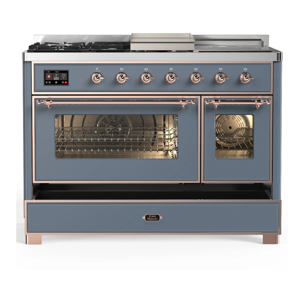 ILVE Majestic III 48-inch Dual Fuel Range with 5 Natural Gas Burner, Griddle, French Top and Triple Glass Door Electric Oven in Blue Grey with Copper Trim (UM48FSNR3BGP)