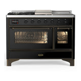 ILVE Majestic III 48-inch Dual Fuel Range with 5 Natural Gas Burner, Griddle, French Top and Triple Glass Door Electric Oven in Glossy Black with Burnished Trim (UM48FSNR3BKB)