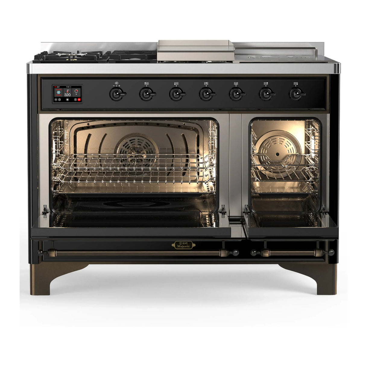 ILVE Majestic III 48-inch Dual Fuel Range with 5 Natural Gas Burner, Griddle, French Top and Triple Glass Door Electric Oven in Glossy Black with Burnished Trim (UM48FSNR3BKB)