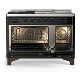 ILVE Majestic III 48-inch Dual Fuel Range with 5 Natural Gas Burner, Griddle, French Top and Triple Glass Door Electric Oven in Glossy Black with Burnished Trim (UM48FSNR3BKB)