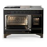ILVE Majestic III 48-inch Dual Fuel Range with 5 Natural Gas Burner, Griddle, French Top and Triple Glass Door Electric Oven in Glossy Black with Burnished Trim (UM48FSNR3BKB)
