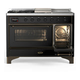 ILVE Majestic III 48-inch Dual Fuel Range with 5 Natural Gas Burner, Griddle, French Top and Triple Glass Door Electric Oven in Glossy Black with Burnished Trim (UM48FSNR3BKB)