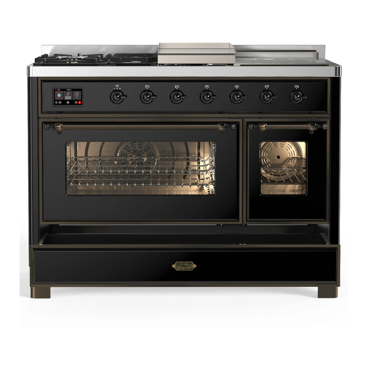 ILVE Majestic III 48-inch Dual Fuel Range with 5 Natural Gas Burner, Griddle, French Top and Triple Glass Door Electric Oven in Glossy Black with Burnished Trim (UM48FSNR3BKB)