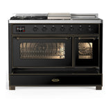 ILVE Majestic III 48-inch Dual Fuel Range with 5 Natural Gas Burner, Griddle, French Top and Triple Glass Door Electric Oven in Glossy Black with Burnished Trim (UM48FSNR3BKB)
