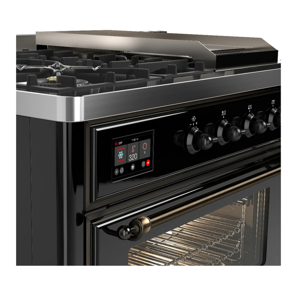 ILVE Majestic III 48-inch Dual Fuel Range with 5 Natural Gas Burner, Griddle, French Top and Triple Glass Door Electric Oven in Glossy Black with Burnished Trim (UM48FSNR3BKB)