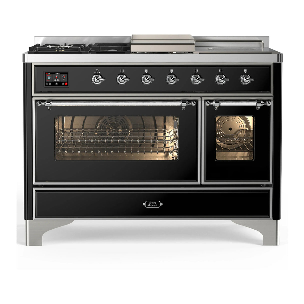 ILVE Majestic III 48-inch Dual Fuel Range with 5 Natural Gas Burner, Griddle, French Top and Triple Glass Door Electric Oven in Glossy Black with Chrome Trim (UM48FSNR3BKC)