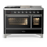 ILVE Majestic III 48-inch Dual Fuel Range with 5 Natural Gas Burner, Griddle, French Top and Triple Glass Door Electric Oven in Glossy Black with Chrome Trim (UM48FSNR3BKC)