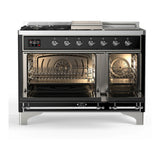 ILVE Majestic III 48-inch Dual Fuel Range with 5 Natural Gas Burner, Griddle, French Top and Triple Glass Door Electric Oven in Glossy Black with Chrome Trim (UM48FSNR3BKC)
