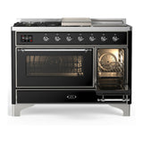 ILVE Majestic III 48-inch Dual Fuel Range with 5 Natural Gas Burner, Griddle, French Top and Triple Glass Door Electric Oven in Glossy Black with Chrome Trim (UM48FSNR3BKC)