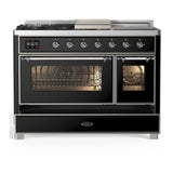 ILVE Majestic III 48-inch Dual Fuel Range with 5 Natural Gas Burner, Griddle, French Top and Triple Glass Door Electric Oven in Glossy Black with Chrome Trim (UM48FSNR3BKC)