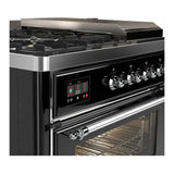 ILVE Majestic III 48-inch Dual Fuel Range with 5 Natural Gas Burner, Griddle, French Top and Triple Glass Door Electric Oven in Glossy Black with Chrome Trim (UM48FSNR3BKC)