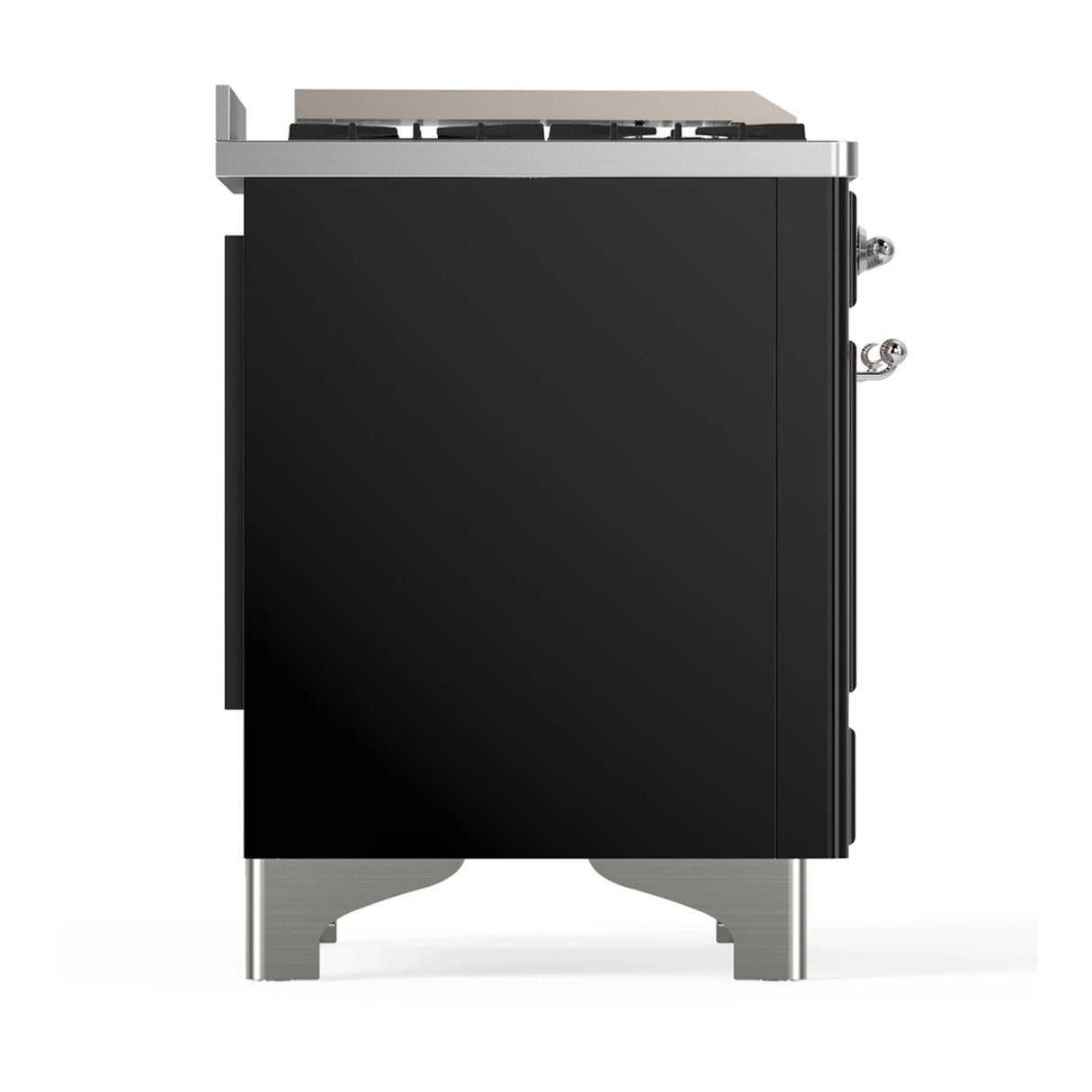 ILVE Majestic III 48-inch Dual Fuel Range with 5 Natural Gas Burner, Griddle, French Top and Triple Glass Door Electric Oven in Glossy Black with Chrome Trim (UM48FSNR3BKC)