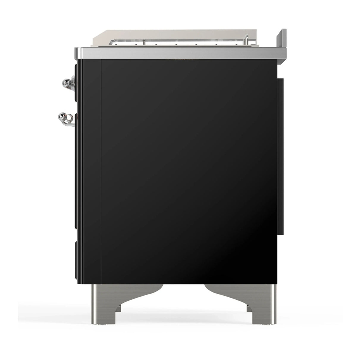 ILVE Majestic III 48-inch Dual Fuel Range with 5 Natural Gas Burner, Griddle, French Top and Triple Glass Door Electric Oven in Glossy Black with Chrome Trim (UM48FSNR3BKC)