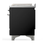 ILVE Majestic III 48-inch Dual Fuel Range with 5 Natural Gas Burner, Griddle, French Top and Triple Glass Door Electric Oven in Glossy Black with Chrome Trim (UM48FSNR3BKC)