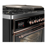 ILVE Majestic III 48-inch Dual Fuel Range with 5 Liquid Propane Burner, Griddle, French Top and Triple Glass Door Electric Oven in Glossy Black with Copper Trim (UM48FSNR3BKPLP)