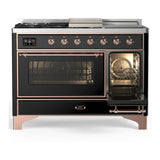 ILVE Majestic III 48-inch Dual Fuel Range with 5 Liquid Propane Burner, Griddle, French Top and Triple Glass Door Electric Oven in Glossy Black with Copper Trim (UM48FSNR3BKPLP)