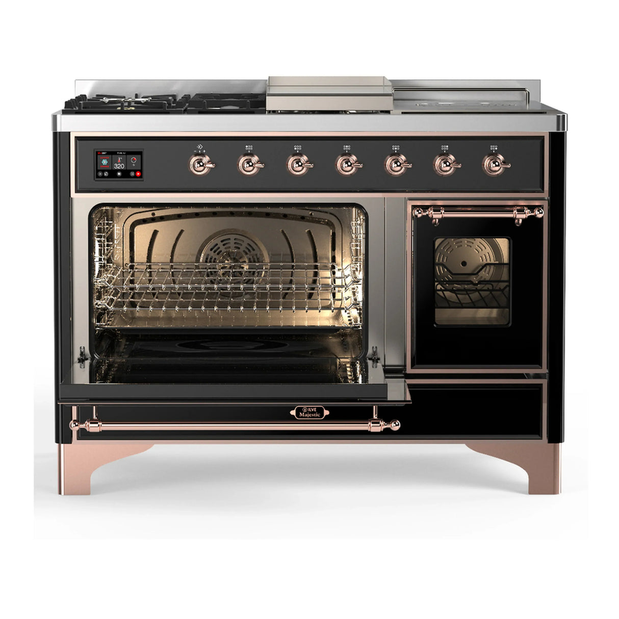 ILVE Majestic III 48-inch Dual Fuel Range with 5 Liquid Propane Burner, Griddle, French Top and Triple Glass Door Electric Oven in Glossy Black with Copper Trim (UM48FSNR3BKPLP)