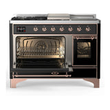 ILVE Majestic III 48-inch Dual Fuel Range with 5 Liquid Propane Burner, Griddle, French Top and Triple Glass Door Electric Oven in Glossy Black with Copper Trim (UM48FSNR3BKPLP)