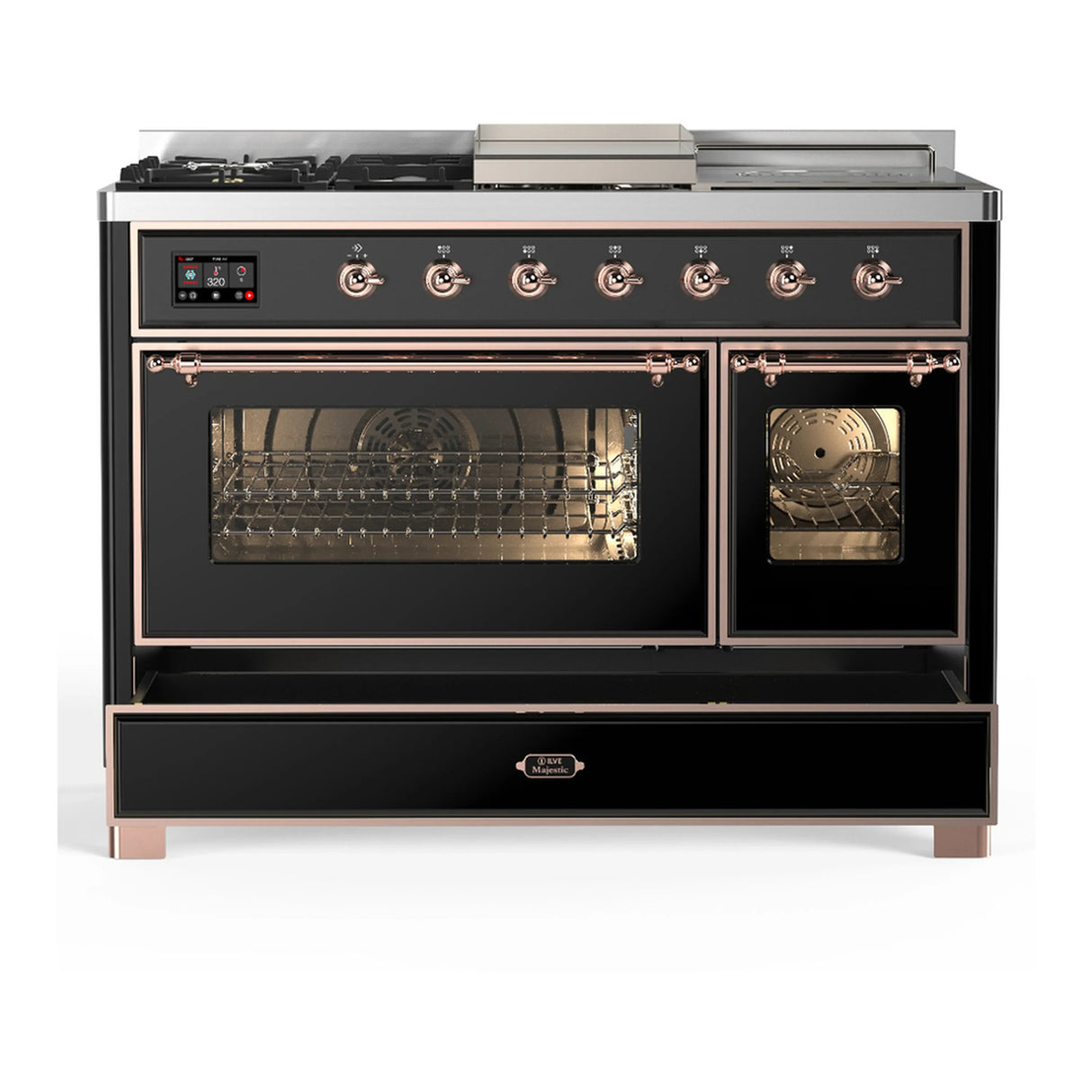 ILVE Majestic III 48-inch Dual Fuel Range with 5 Liquid Propane Burner, Griddle, French Top and Triple Glass Door Electric Oven in Glossy Black with Copper Trim (UM48FSNR3BKPLP)