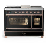 ILVE Majestic III 48-inch Dual Fuel Range with 5 Liquid Propane Burner, Griddle, French Top and Triple Glass Door Electric Oven in Glossy Black with Copper Trim (UM48FSNR3BKPLP)
