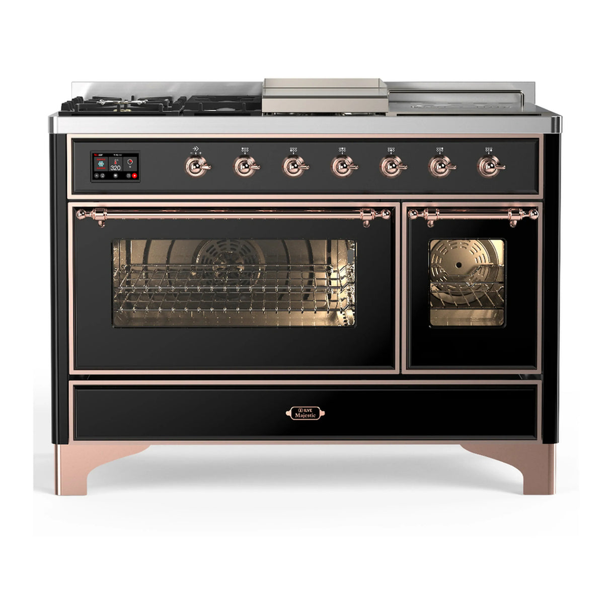 ILVE Majestic III 48-inch Dual Fuel Range with 5 Liquid Propane Burner, Griddle, French Top and Triple Glass Door Electric Oven in Glossy Black with Copper Trim (UM48FSNR3BKPLP)