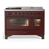 ILVE Majestic III 48-inch Dual Fuel Range with 5 Natural Gas Burner, Griddle, French Top and Triple Glass Door Electric Oven in Burgundy with Burnished Trim (UM48FSNR3BUB)