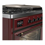 ILVE Majestic III 48-inch Dual Fuel Range with 5 Natural Gas Burner, Griddle, French Top and Triple Glass Door Electric Oven in Burgundy with Burnished Trim (UM48FSNR3BUB)