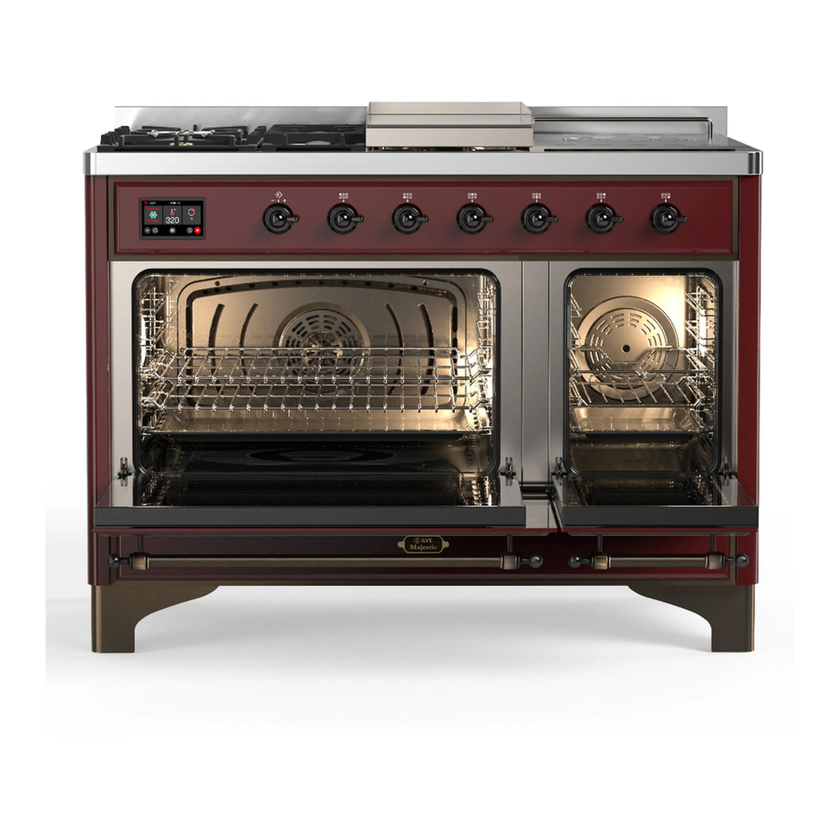 ILVE Majestic III 48-inch Dual Fuel Range with 5 Natural Gas Burner, Griddle, French Top and Triple Glass Door Electric Oven in Burgundy with Burnished Trim (UM48FSNR3BUB)
