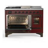 ILVE Majestic III 48-inch Dual Fuel Range with 5 Natural Gas Burner, Griddle, French Top and Triple Glass Door Electric Oven in Burgundy with Burnished Trim (UM48FSNR3BUB)